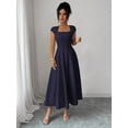 thumbnail image 4 of Navy Blue Womens Square Neck Cinched Waist A-Line Midi Dress For Spring Summer Casual Vacation, 4 of 7