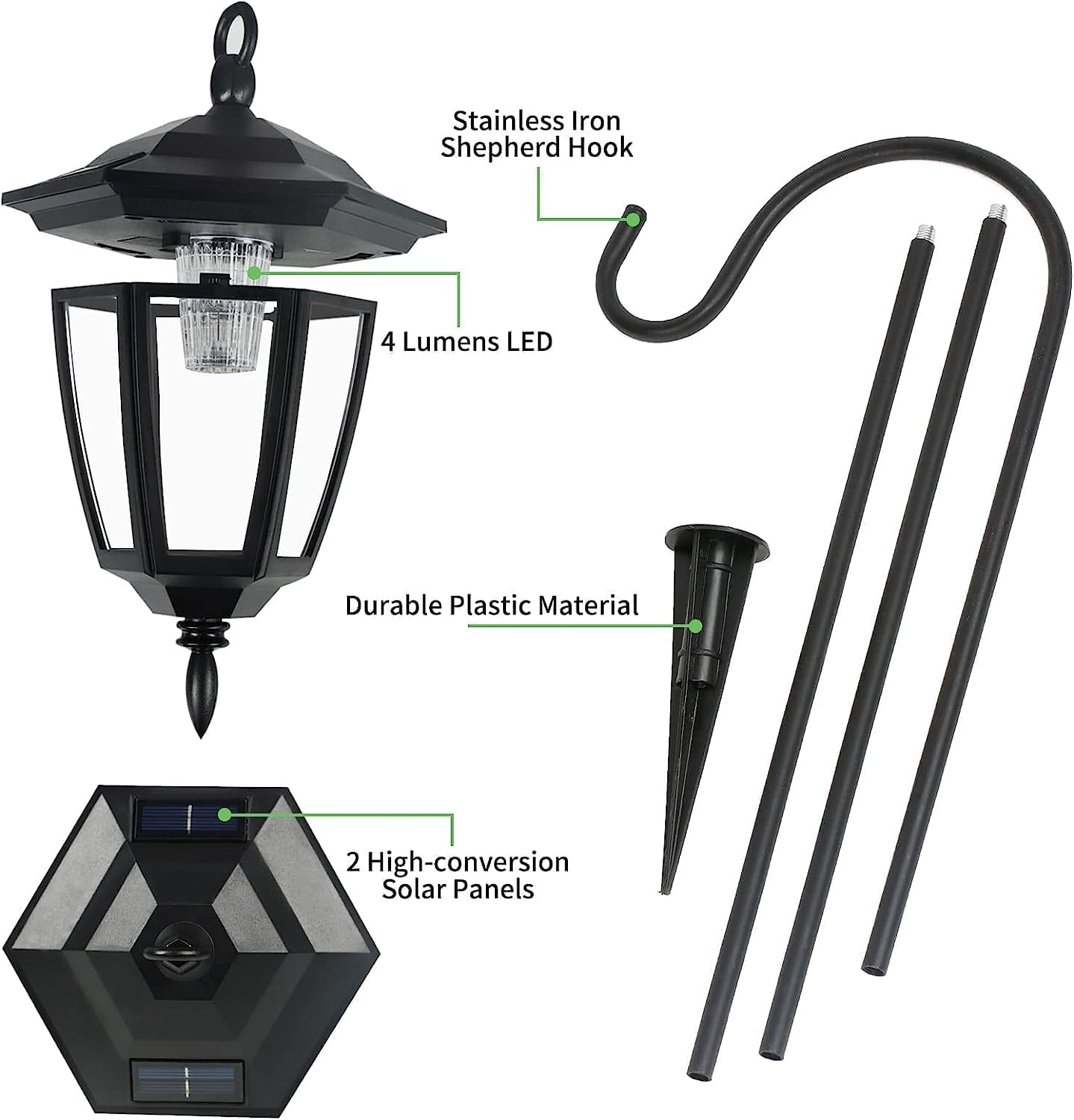 TOYIEW Hanging Solar Lights Outdoor Waterproof, 35 Inch Shepherd Hook Lights with 4 Shepherd Hooks, Solar Lantern Lights for Garden Decor, Pathway, Porch Decor, Patio, Backyard and Yard, 4 Pack