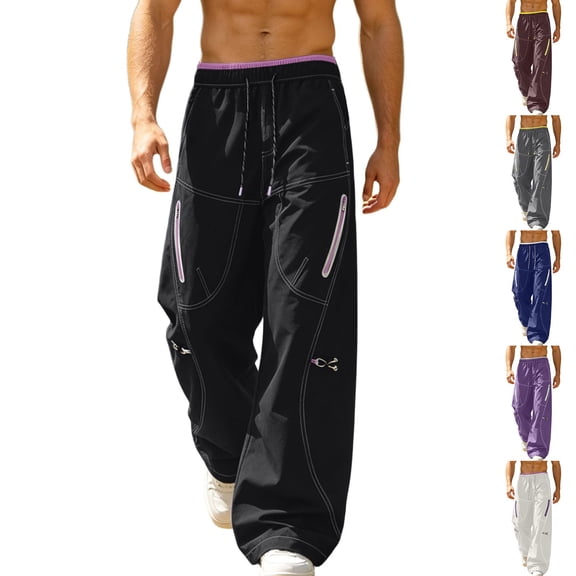 cllios Mens Cargo Pants with Zipper Pockets Loose Fit Wide Leg Trousers Drawstring Elastic Waist Outdoor Casual Lightweight Work Pants Purple S