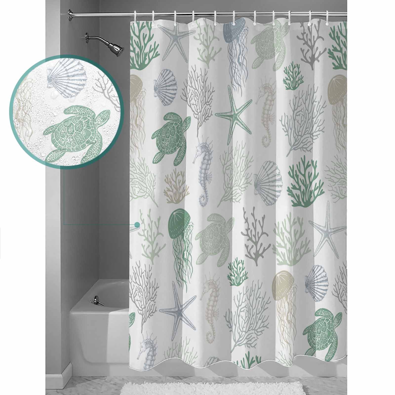 Green Coastal Waterproof Fabric Shower Curtain, Nautical Summer Beach Coral Sea Turtle Shower Curtain for Bathroom Curtains Bathtubs Hotel Washable Shower Curtains with 12 Hooks Long 72x78in