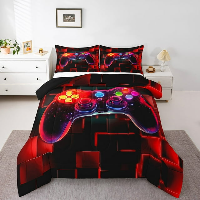 YST Kids Gamer Comforter Set Twin, Gaming Bedding, Video Games Controller Gamepad Bedding Comforter Sets Neon Glowing Square Geometric Grid Red Bedroom Decor Duvet Insert