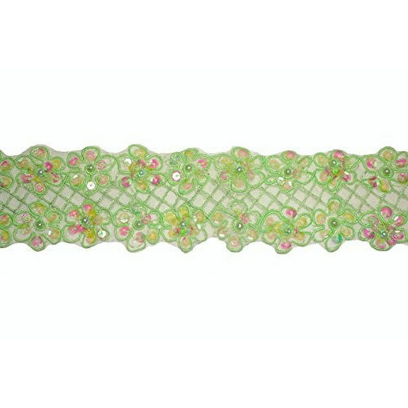 Altotux 2.25" Sheer Organza Embroidered Neon Green Trim Bead Sequins By Yard