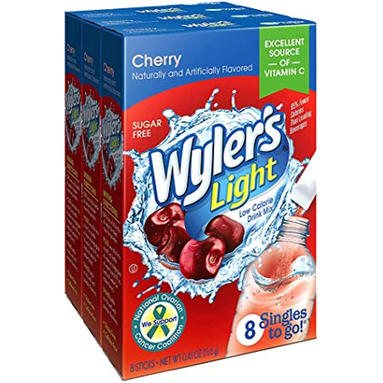 Wylers Light Singles To Go Powder Packets, Water Drink Mix, Cherry, 8
