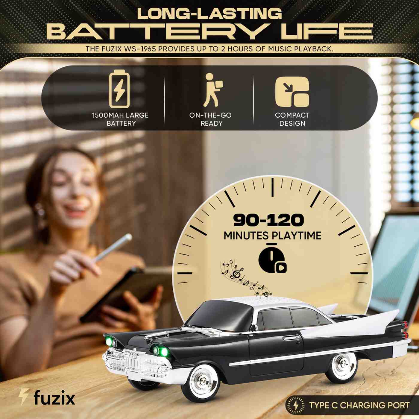 Fuzix WS- 1965 Car Bluetooth Portable Speaker with LED AUX USB FM Rechargeable