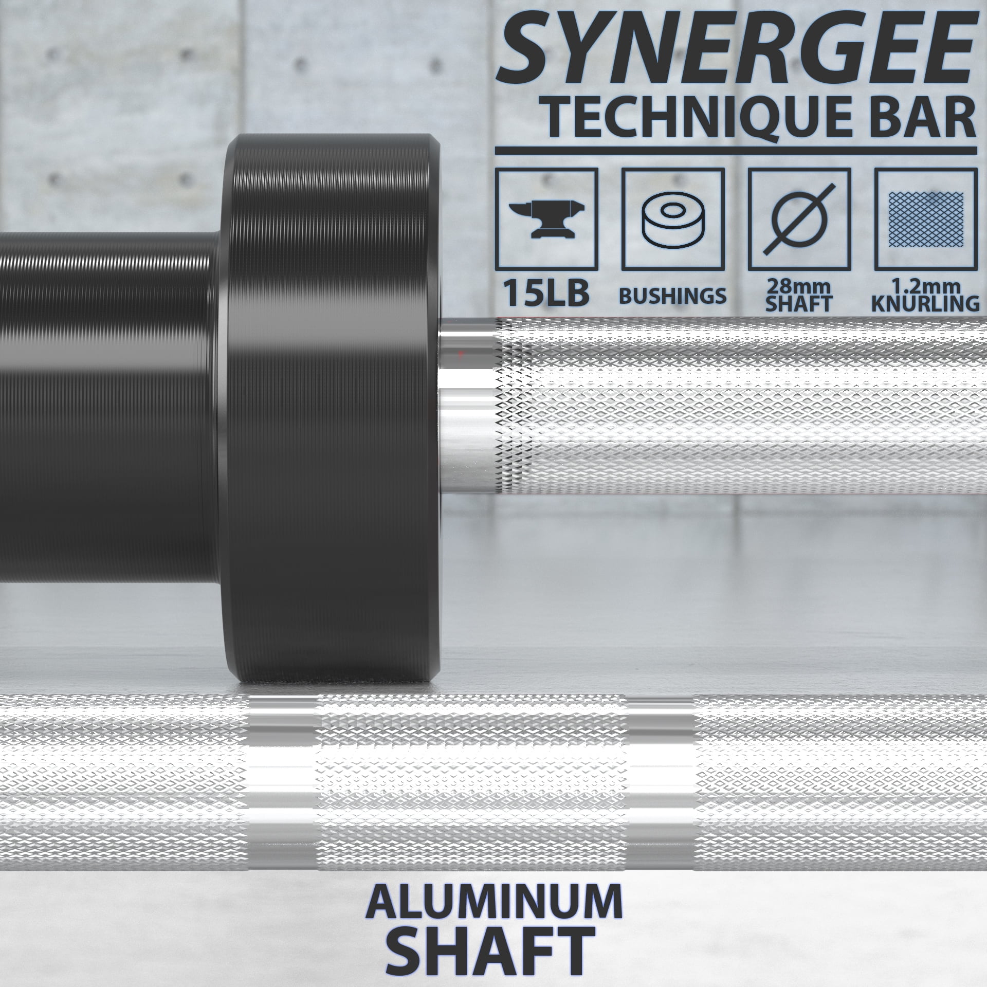Synergee 15lb Technique Barbell Silver Aluminum Bar for Form & Technique Training for Power & Olympic Lifting.
