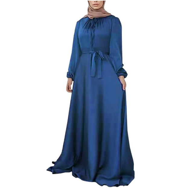 Robe de Prière Abaya Kaftan pour Femmes, Satin Uni, Col Rond, Manches Longues, Taille Portefeuille, Robe Maxi