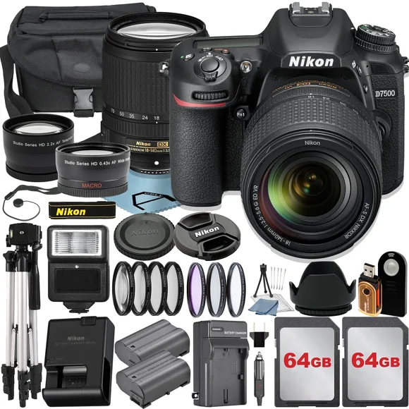 Nikon D7500 DSLR Camera with 18-140mm Lens + 2pcs 64GB Memory Card + Case + Tripod + UV Filter + A-Cell Accessory Bundle