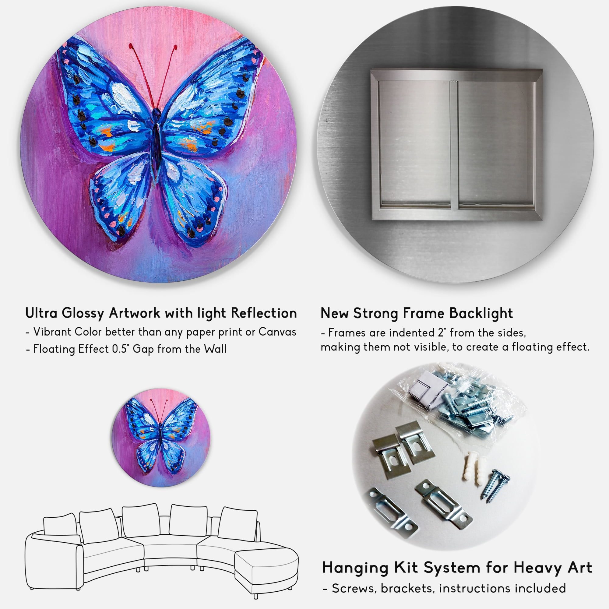 Designart 'Ancient Blue Butterfly I' Modern Circle Metal Wall Art 29x29 - Disc of 29