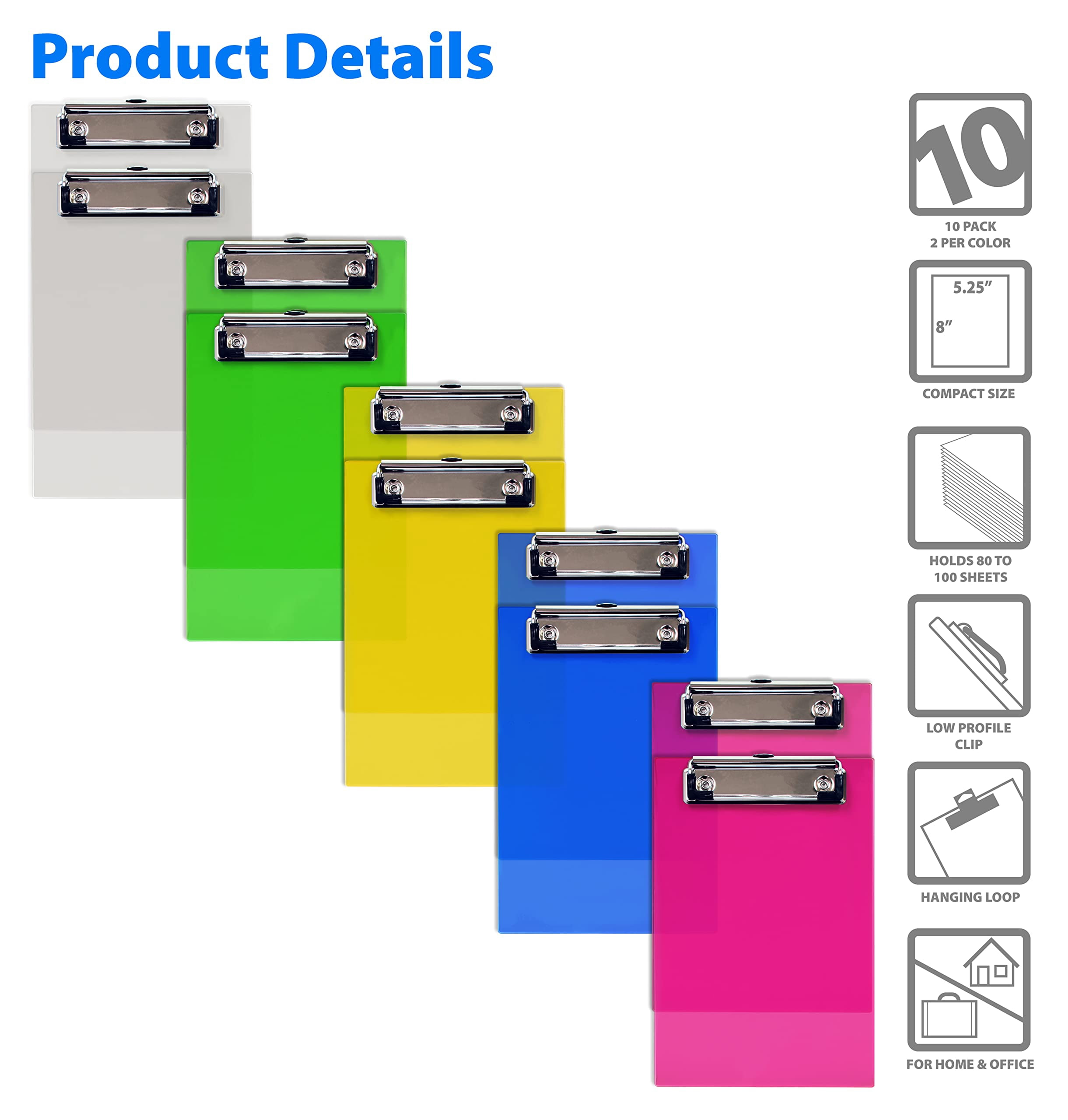 Mini Clipboards (10 Pack), Plastic, Low Profile Clips, Assorted Translucent Colors, Durable, A6 Memo Size, 5.3" x 8", by Better Office Products