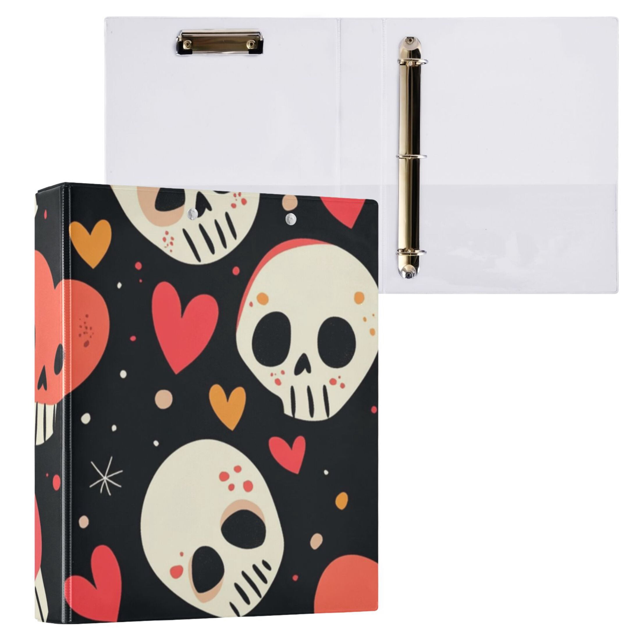 Cartoon Skulls Hearts 3 Ring Binders 1.5 inch Hardcover File Folders with Interior Pockets A4 Size Organizer for School Office Hospital