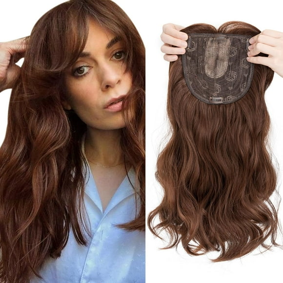 TRAHOO-Hair Toppers with Bangs for Women with Thinning Hair Synthetic Clip in Toppers Wigs Hair Pieces 18 inch Chocolate Brown Wavy Hair Toppers Wiglets 6x6 Large Base Toppers
