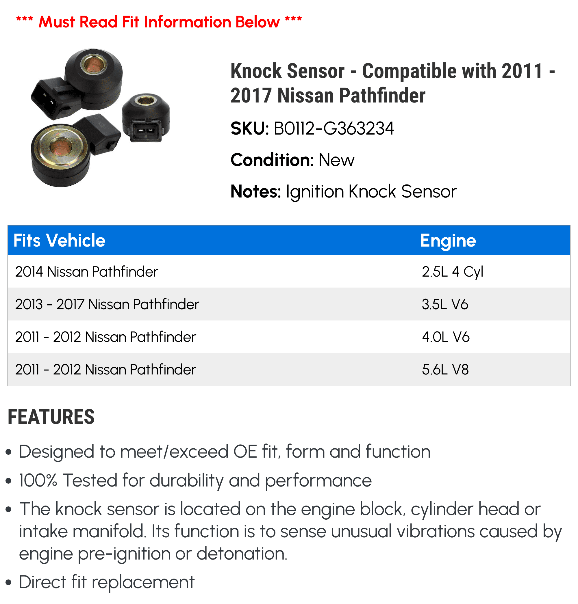 Knock Sensor - Compatible with 2011 - 2017 Nissan Pathfinder 2012 2013 2014 2015 2016