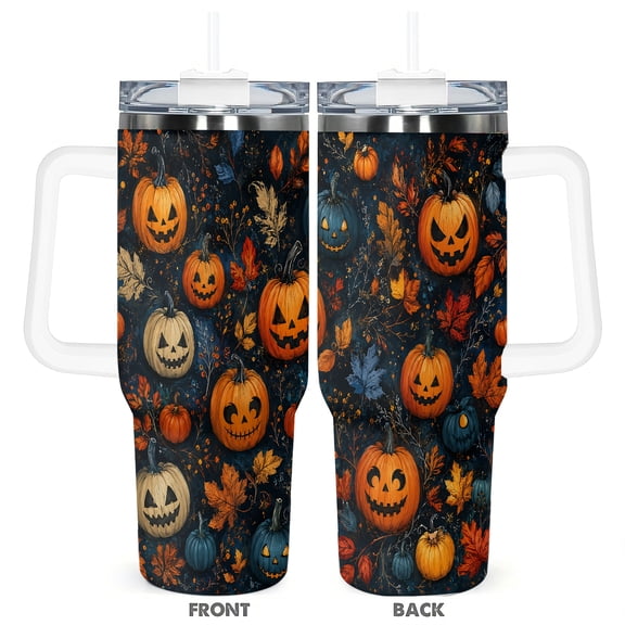 Halloween Pumpkin 40oz Travel Tumbler With Handle And Flip Straw, Spooky Maple Leaves Stainless Steel Coffee Cup For Water