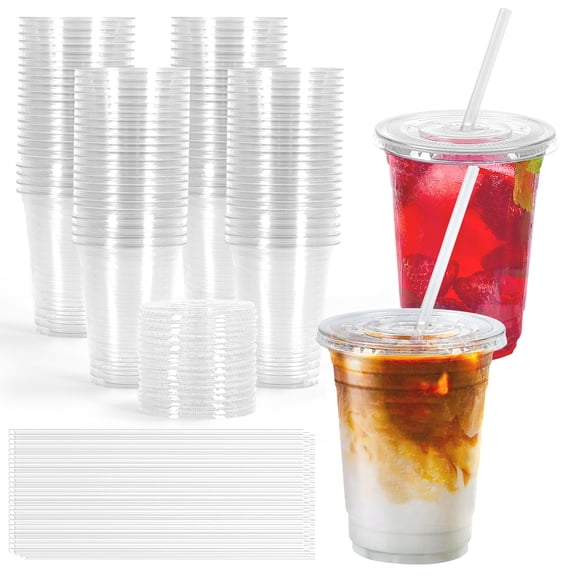 20 oz Clear PET Disposable Plastic Cups with Lids & Straws, 100 Pack, Leakproof Iced Coffee Cups, Disposable Drink Cups for Bubble Tea, Smoothie, Cold Beverages