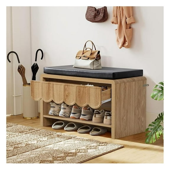 Shoe Storage with Cushion, Shoe Rack Organizer Cabinet with Panel Drawer and Open Shelf for Entryway, Hallway, Living Room (Natural)
