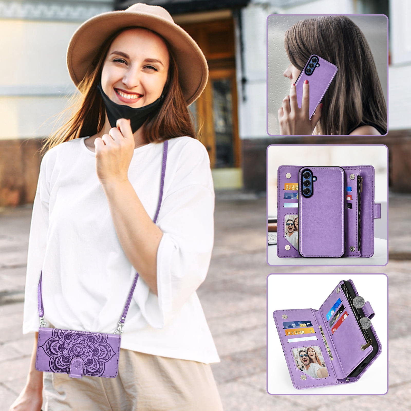 Asuwish Phone Case for Samsung Galaxy S25 5G Zipper Wallet Magnetic Detachable Cell Cover with Tempered Glass Screen Protector Crossbody Strap Flower Card Holder Slot S 25 25S G5 Women Girls Purple