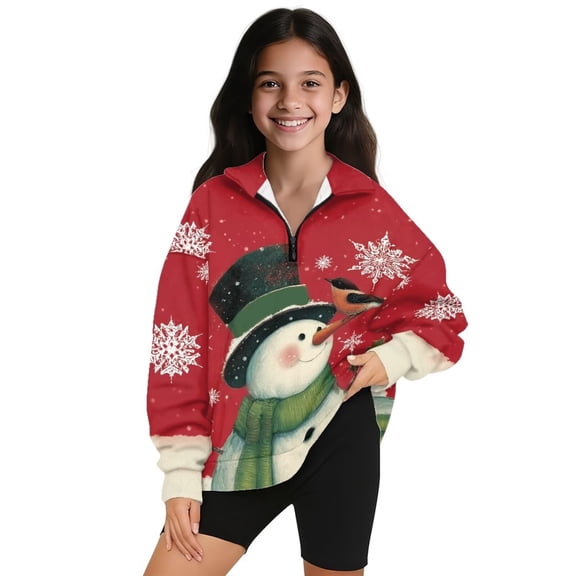Uorisanigo Girls' 1/4 Zipper Sweatshirts Oversized Sweatshirts Fall Fashion Long Sleeve Pullover Top Robin Snowman Snowflakes Quarter Zip Hoodies Jackets Outerwear Size 5-6