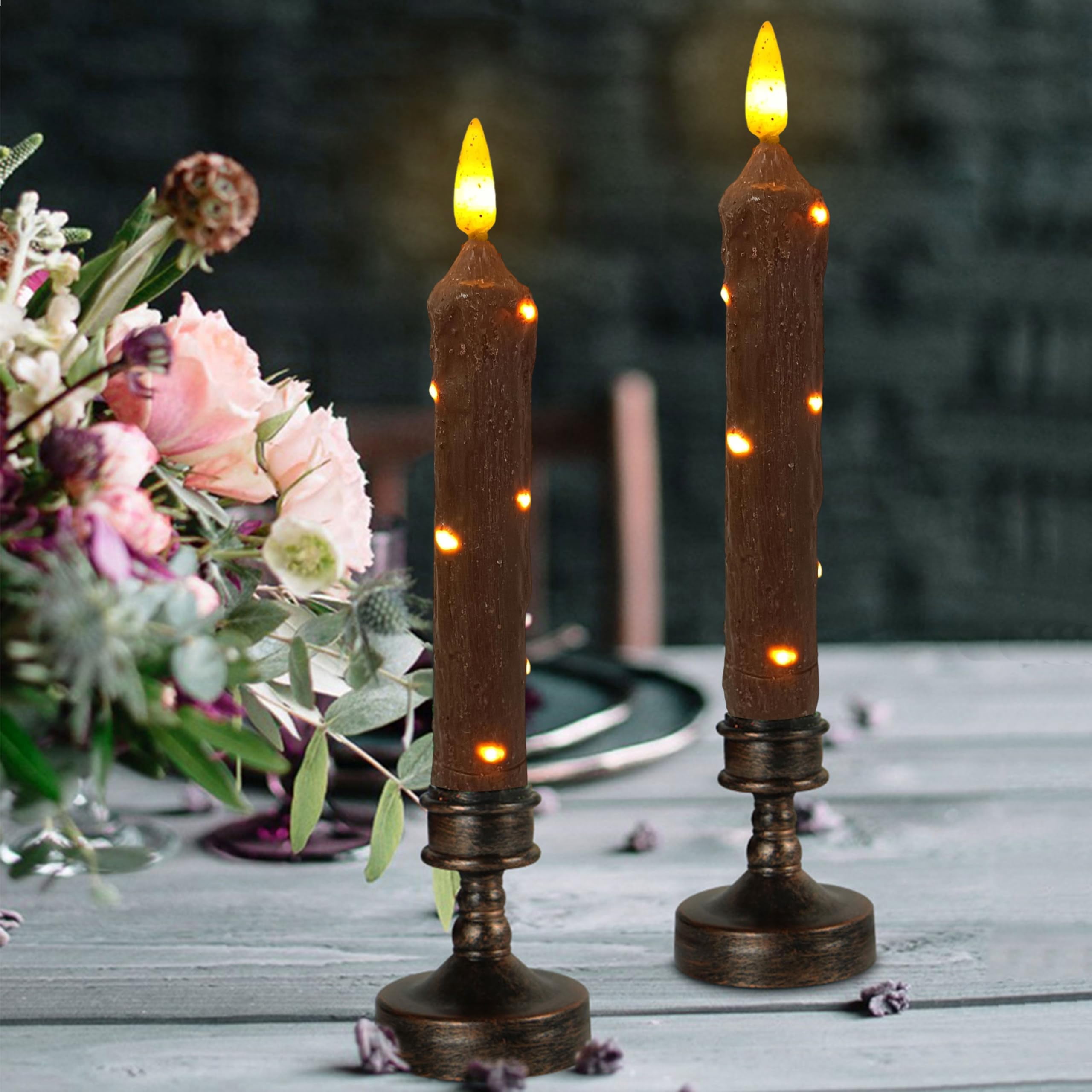 FCMSHAMD 6.5 Inches Primitive Real Wax LED Short Flameless Candles Hand Dipped Battery Operated Taper Candle with Timer Remote for Vintage Rustic Home Decor
