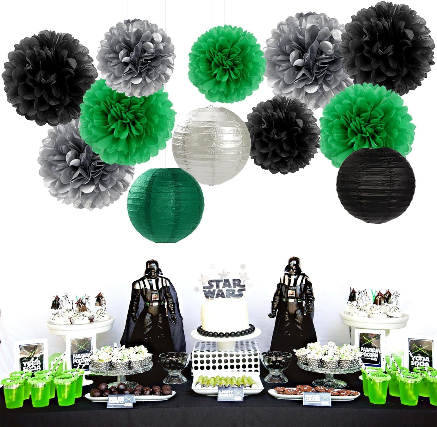 Green-Black Silver Party-Decorations Paper Flowers Lanterns - 15PCS Football Game Day Birthday Tissue Pom Poms Streamers, Bachelorette New Years Hanging Supplies Decor