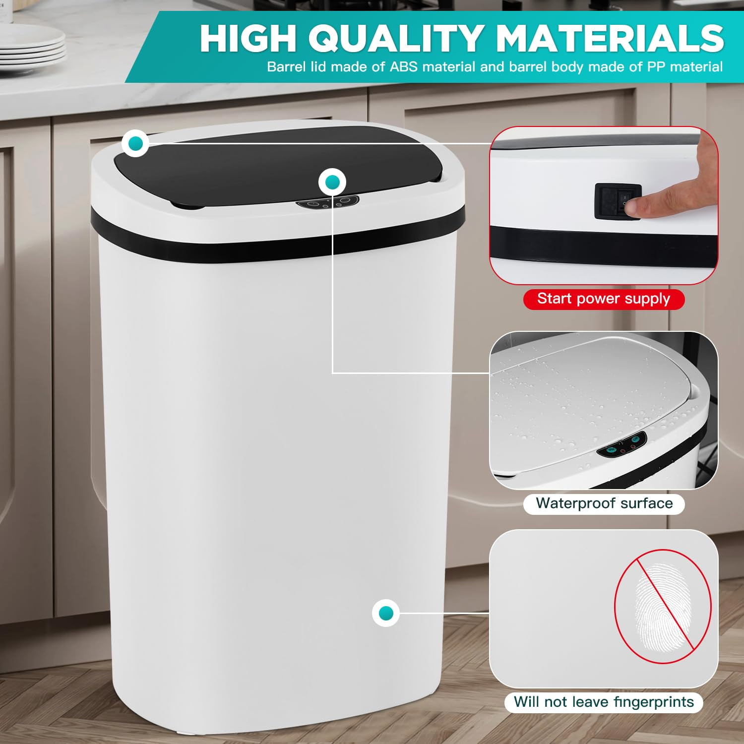 PayLessHere 13Gal Trash Can - Touchless Automatic Lid, Plastic Garbage Can for Kitchen  (2, White)