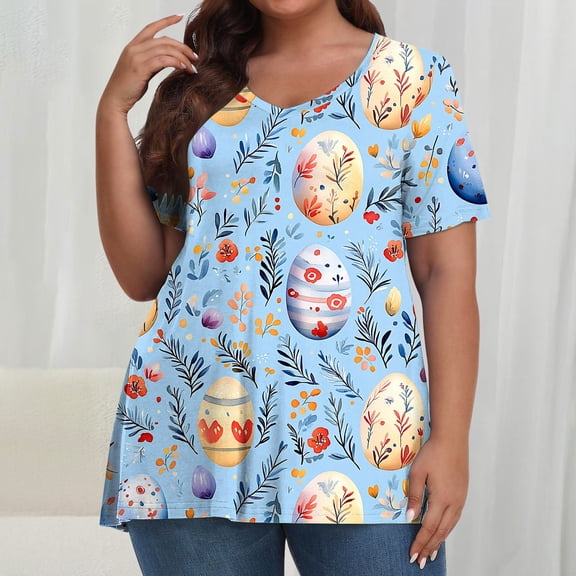 Xuyuer Plus Size Happy Easter T-Shirt for Women Fashion Summer Printed Regular Women Short Sleeves Round Neck Bunny Rabbit Graphic Tees Short Sleeve Tops