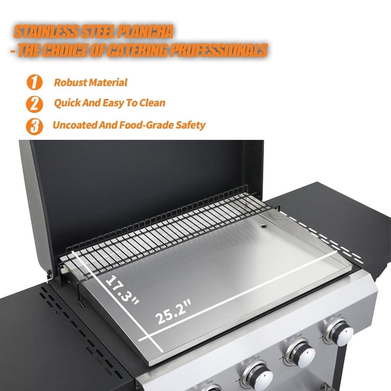 4-Burner Propane Gas Grill with Griddle Grill and Wire Enamel Grids, 49200 BTU Stainless Steel Outdoor BBQ Gill with Foldable Side Table and Hanging Basket for Backyard Barbecue