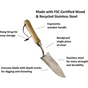 Garden Guru Transplanter Trowel Shovel - Stainless Steel - Rust Resistant - Ergonomic FSC Wood Handle - Perfect Hand Shovel Tool for Gardening