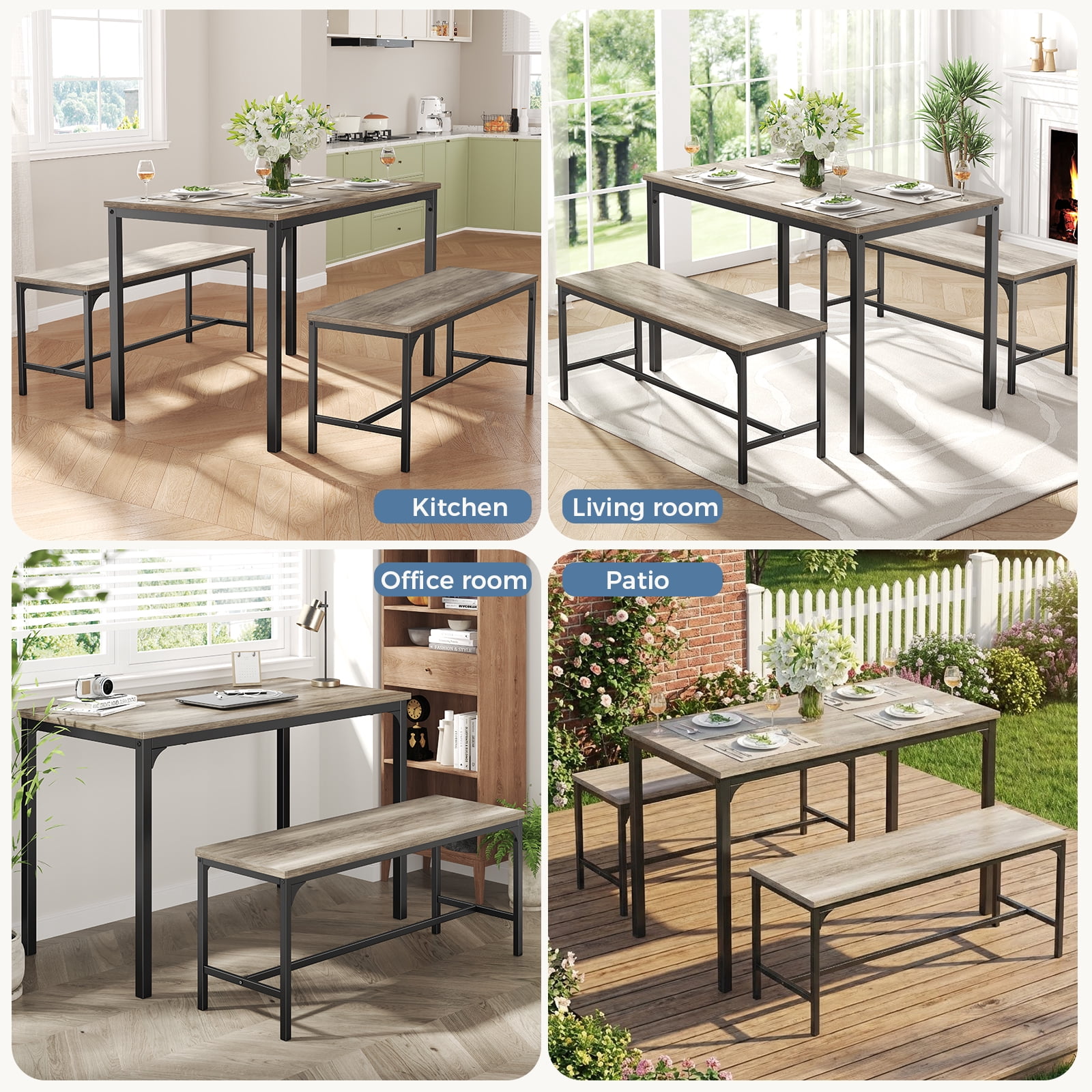 CONCETTA 3-Piece Dining Table Set with 1 Table,2 benches,Space-Saving Small Dining Set for 2–4 People for Apartment, Daily Meals & Bistro, Gray