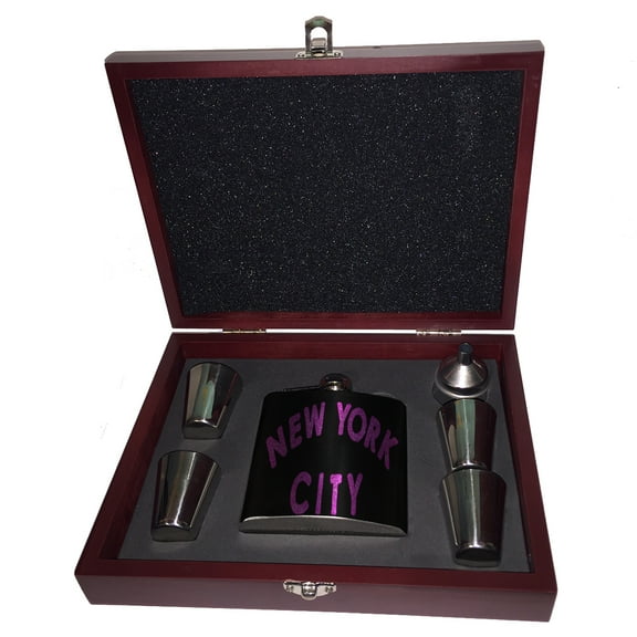 KuzmarK 6 oz. Stainless Steel Flask Set in Rose Wood Presentation Box -  New York City Pink