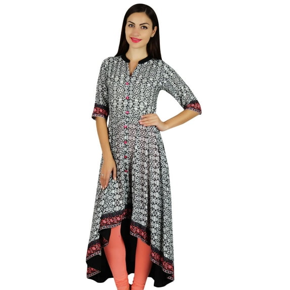 Bimba Womens Asymmetrical Kurta Long Kurti Mandarin Collar Chic Fashion Dress
