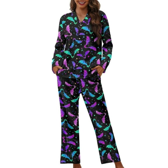 Renewold Loose Fitting Women Pajamas Set 2 Pieces Breathable Colorful Bats Stars Pullover Tops Stretchy Pants Size M Comfort Sleep Set Skin Friendly Button PJ's Nightwear,Halloween Day