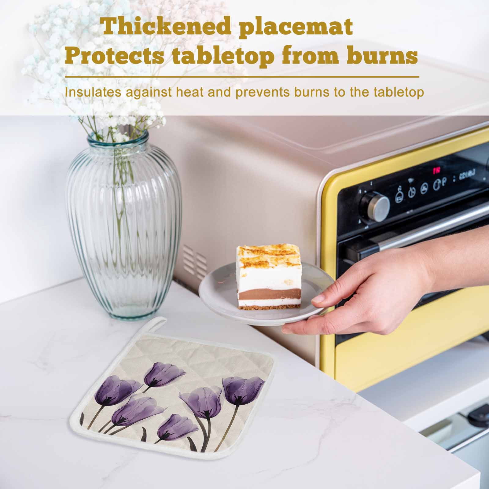Purple Tulip Flower Pot Holders for Kitchen Heatproof Potholder, 2 Pack Aesthetics Farmhouse Floral Plant Hot Pads Multipurpose Oven Pads Cloth Potholders Trivet for Cooking and Baking