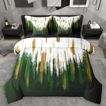 Manfei Abstract Oil Painting Twin Bedding Sets 7pcs, Green Gold Ombre Bedding Comforter Set, Watercolor Brush Strokes Sheet Sets, Microfiber Bedroom Decor