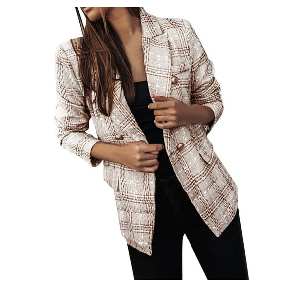 Women Plaid Check Suit Satin Jacket formal Cardigan Pocket Work Office Suit Coat