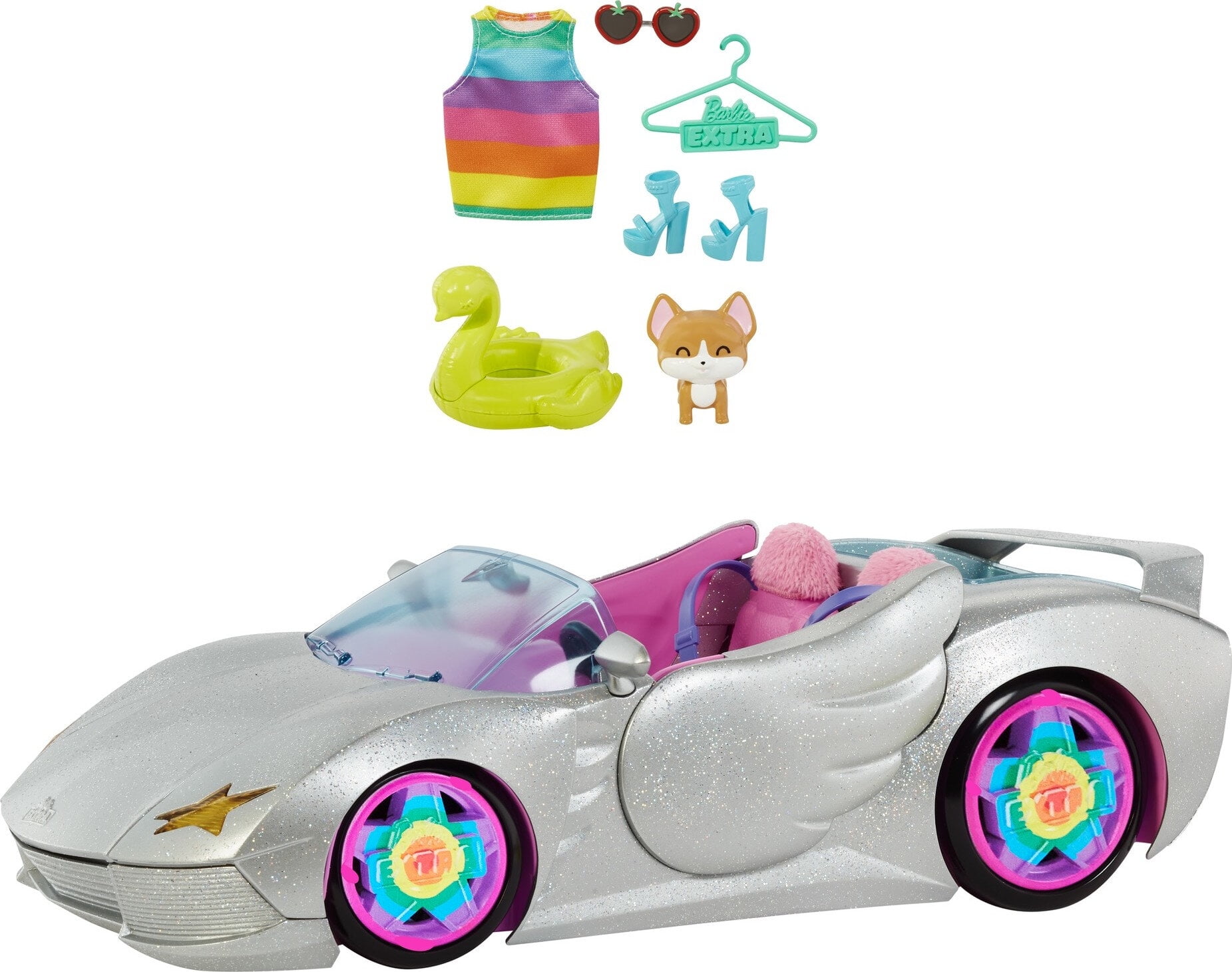 Barbie Car, Barbie Extra Set with Sparkly 2-Seater Toy Convertible