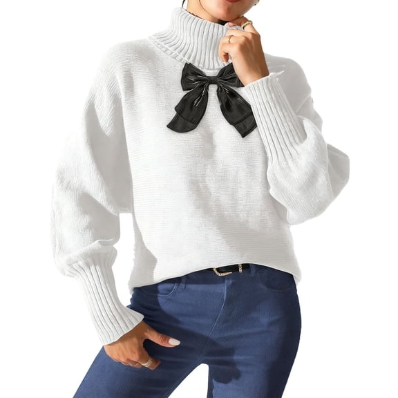 GigrtiJin Women's Pullover Sweater Solid Color Turtleneck Long Sleeve Casual Blouse with Bow Tie Fall Winter Thermal Tops