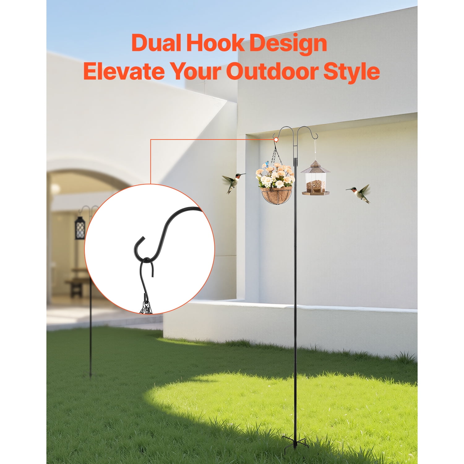 KFFKFF Double Shepherd Hooks for Outdoor Use, Set of 8, 92-Inch Heavy-Duty Poles, 3/4-Inch Thick Garden Hooks for Hanging Bird Feeders, Plant Baskets, Solar Lanterns, Wind Chimes