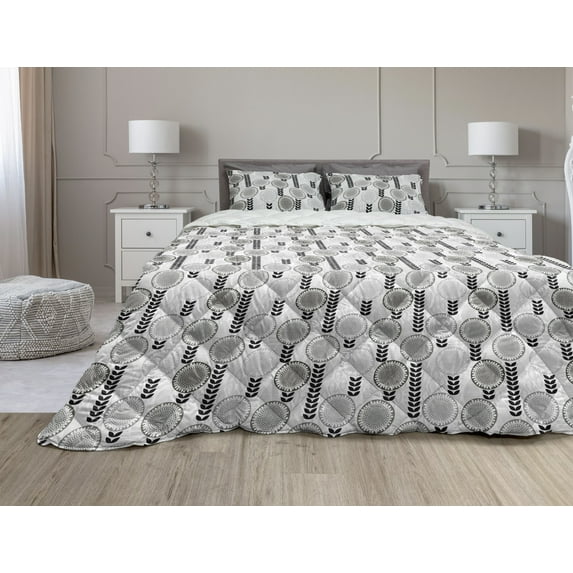 Floral Comforter & Sham Bedding Set, Abstract Creative Doodle Style Blossoms and Striped Leaf, 3 pcs Duvet Set Microfiber Filling Quilt, 5 Sizes, Pale Grey White, by Ambesonne