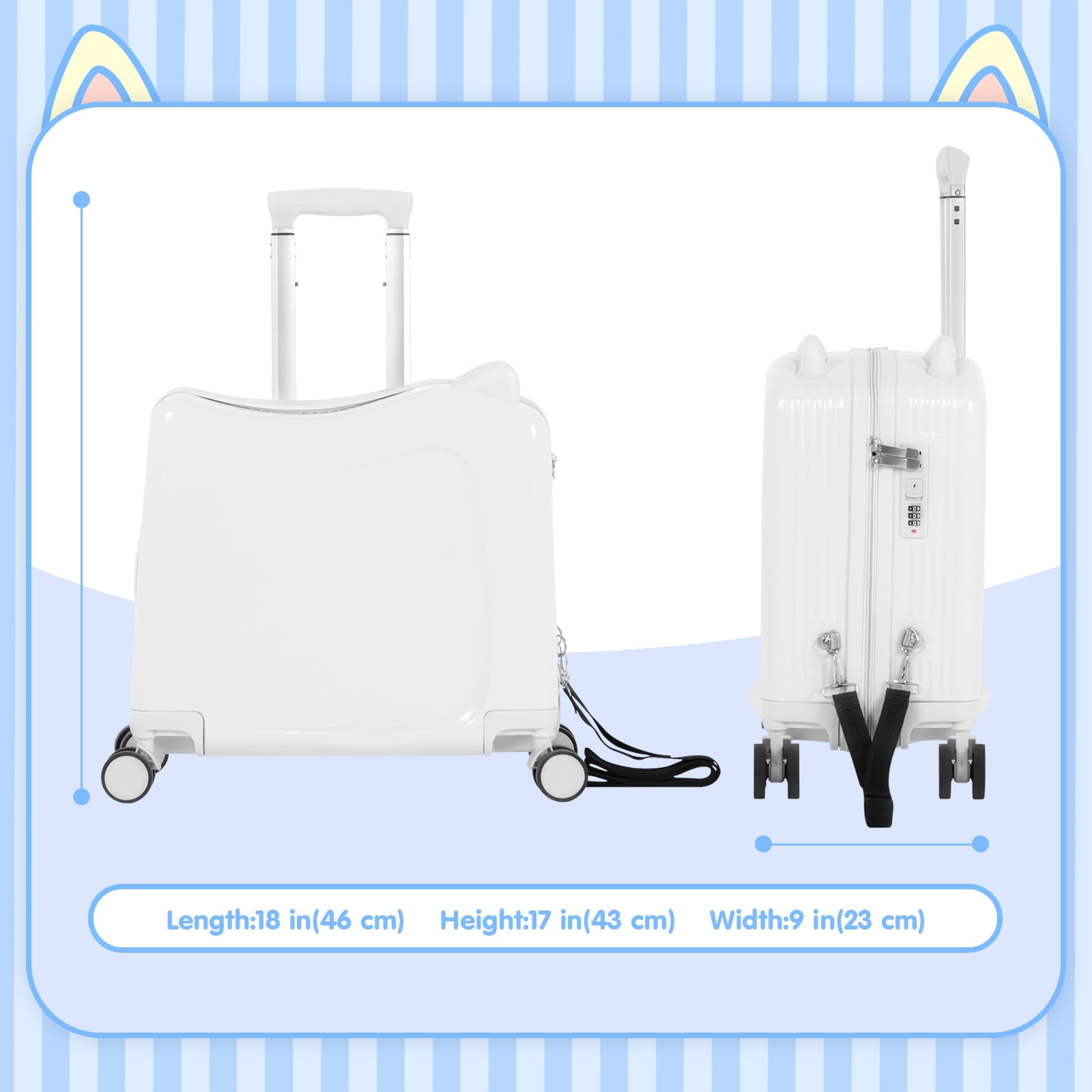 Advwin 20" Ride on Hardshell Suitcase with Spinner Wheels for Kids, Lightweight Trolley Luggage with Carry Strap, Carry on Travel Luggage with Lock, White