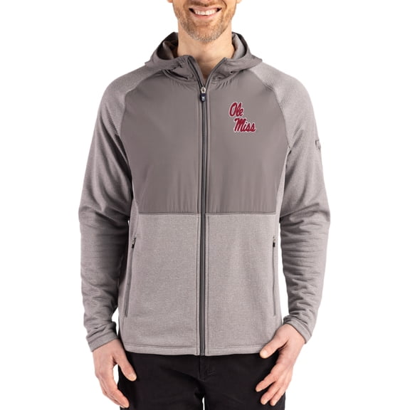 Men's Cutter & Buck Heather Gray Ole Miss Rebels Peshastin Eco Fleece Recycled Raglan Full-Zip Tri-Blend Hybrid Jacket