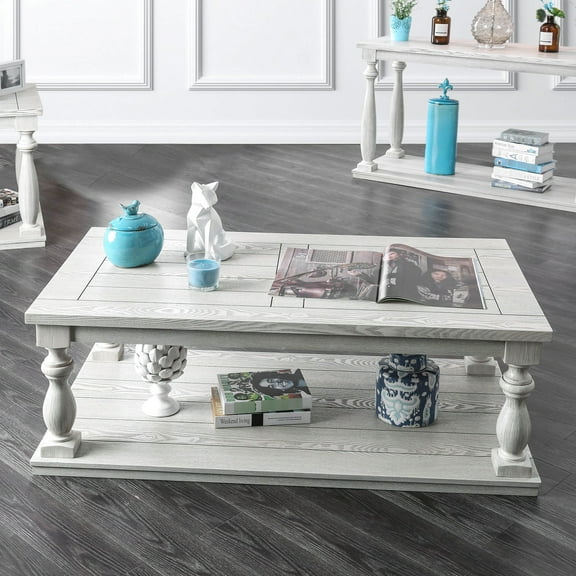 Modern Rustic Antique White Coffee Table With Open Bottom Shelf And Plank Style Top For Living Room Classic In
