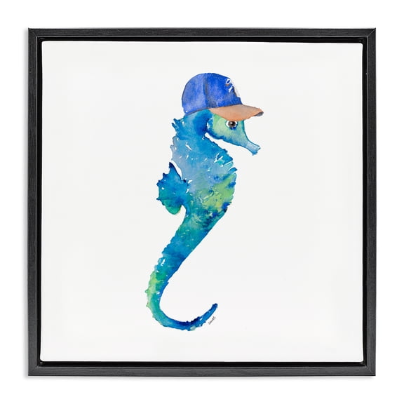 Stupell Industries Blue Seahorse in Hat Novelty Painting Black Floater Framed Canvas Art Print Wall Art, 18 x 18