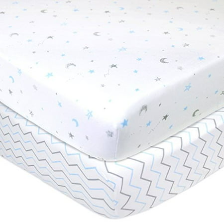 American Baby Co. Cotton Jersey Knit Fitted Portable/MiniCrib Sheet, Blue Stars/ZigZag 2pk