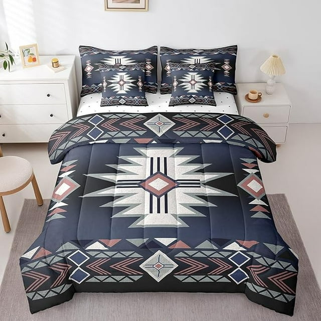 Southwestern 7Pcs Comforter Set Full Size,Rustic Farmhouse Western Bedding Set,Kids Adult Geometric Aztec Tribal Arrow Striped Quilt Sheets Dark Blue Red Vintage Bohemian 2 Pillow Cover,2 Pillowcase