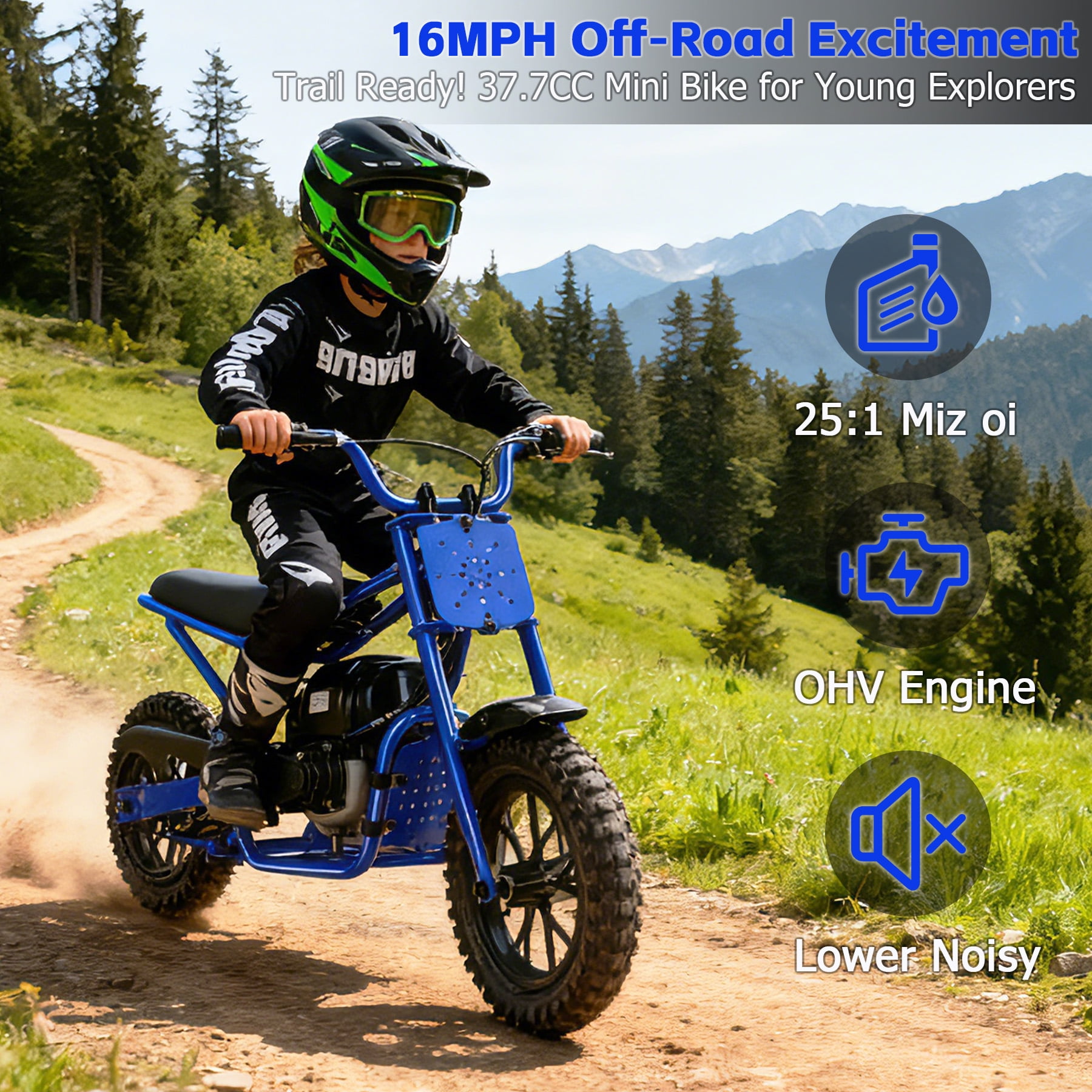 Oryxearth OGM37 Basic Mini Bike Gas Powered, 4-Stroke off Road Bike for Teens, Easy Pull Start, Blue