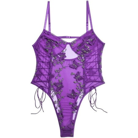 MAOYA Women Sexy Lace Up Floral Embroidered Teddy Lingerie Bodysuit Top Mesh Sheer One Piece
