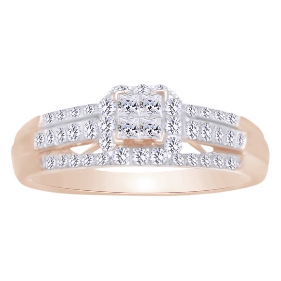 AFFY Princess & Round Shape White Natural Diamond Engagement Ring In 10k Rose Gold (0.5 cttw) Ring Size-4