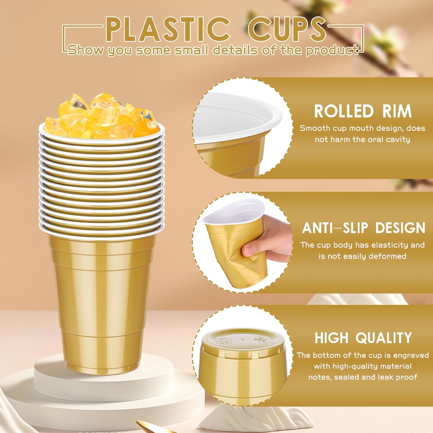 100 Pack 16 oz Gold Plastic Cups, Disposable Plastic Party Cups, Heavy Duty Drinking Water Cup for Wedding Birthday Graduation Valentine's Day Christmas Baby Shower Picnic Barbecues Supplies