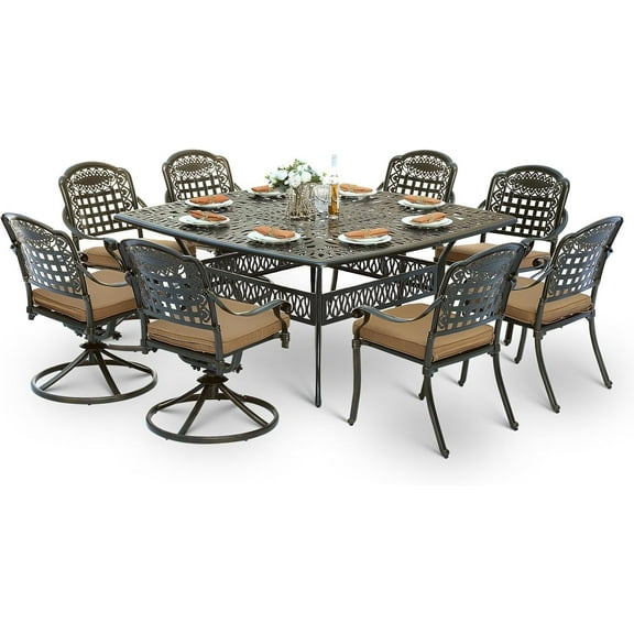 SOCIALCOMF 9-Piece Patio Cast Aluminum Dining Set, Outdoor Table and Chairs Set for 8, Includes 64" Large Square Dining Table, 4 Stationary, 4 Swivel Dining Chairs with Umbrella Hole, Tan