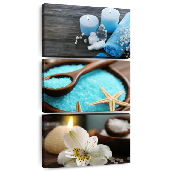 Elephant Stock Spa Elements Wall Art - Vertical Multi Panel Canvas - Bathroom Wall Decor - Wellness Multi Panel - Blue And Beige Decor - 12" x 27"